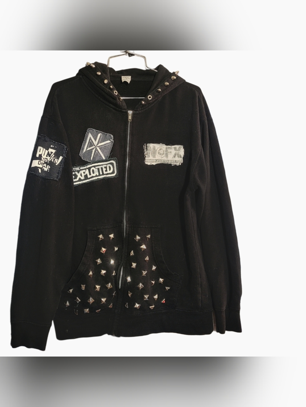 Vintage NOFX Tour Hand Studded Zip-Up Hoodie with Graphic & Extra Patche Added - Picture 2 of 6